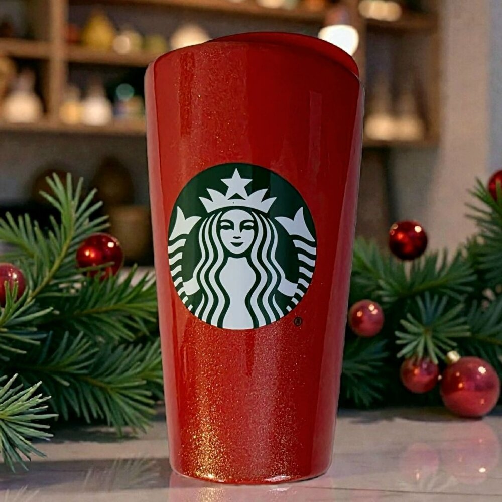 New 2020 Starbucks Red Gold Glitter Ceramic Tumbler 12 Oz Lid Hot Cup Mug Gift
